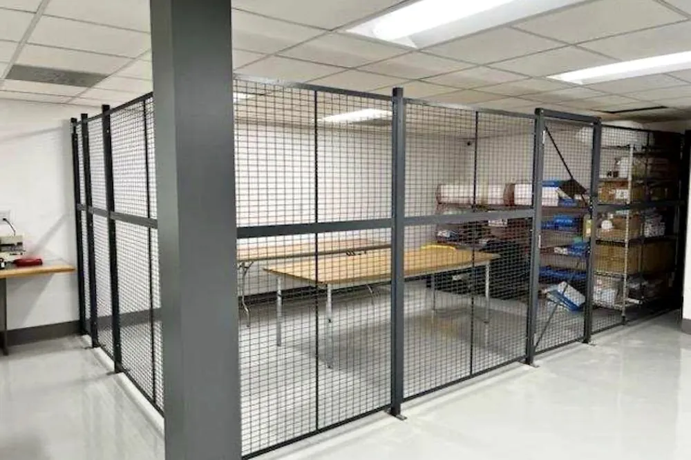 Wire mesh tool crib caging installed in a stockroom